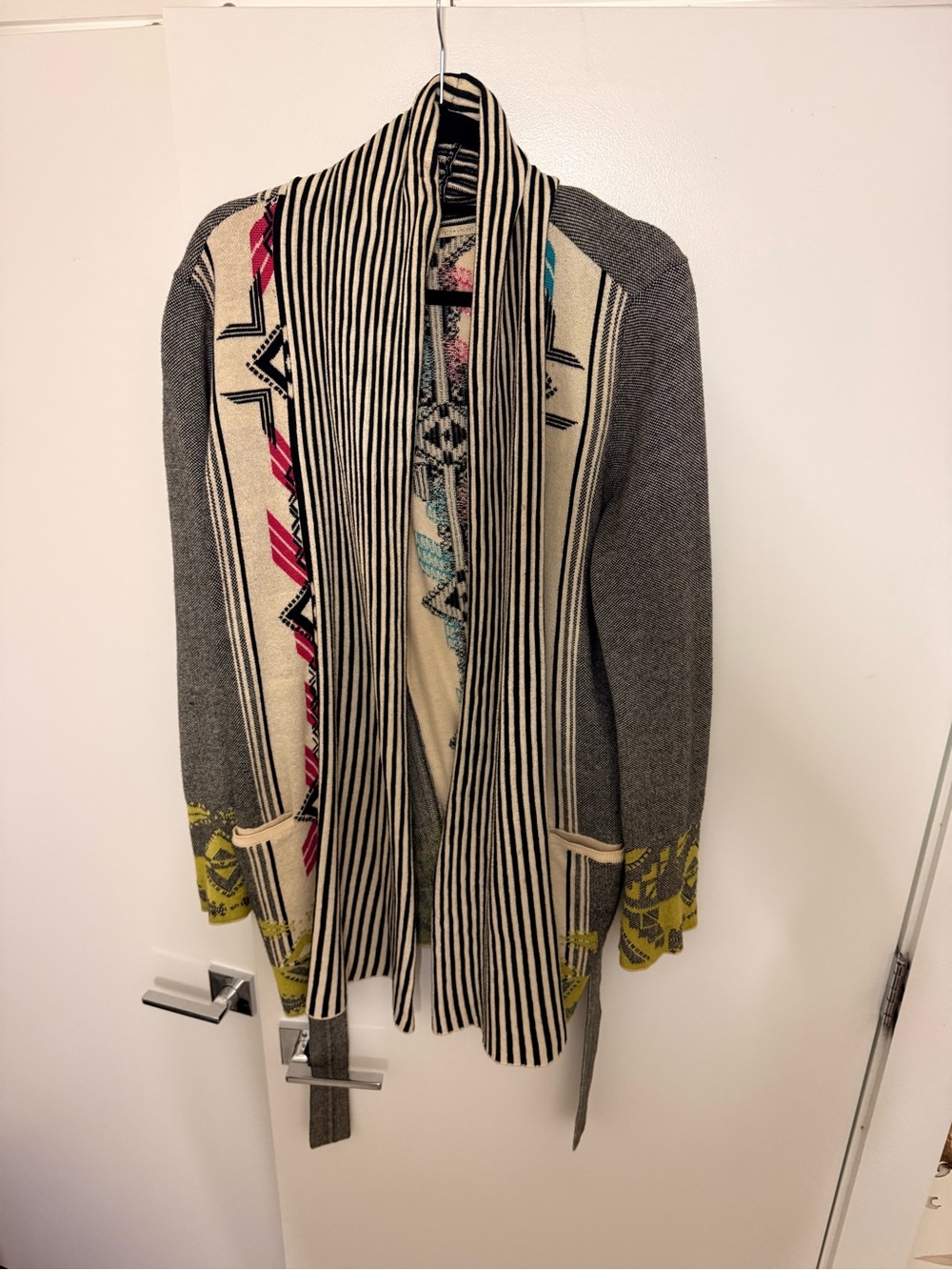 Striped Shawl-Collar Open Cardigan - Gray & Cream with Accent Colors